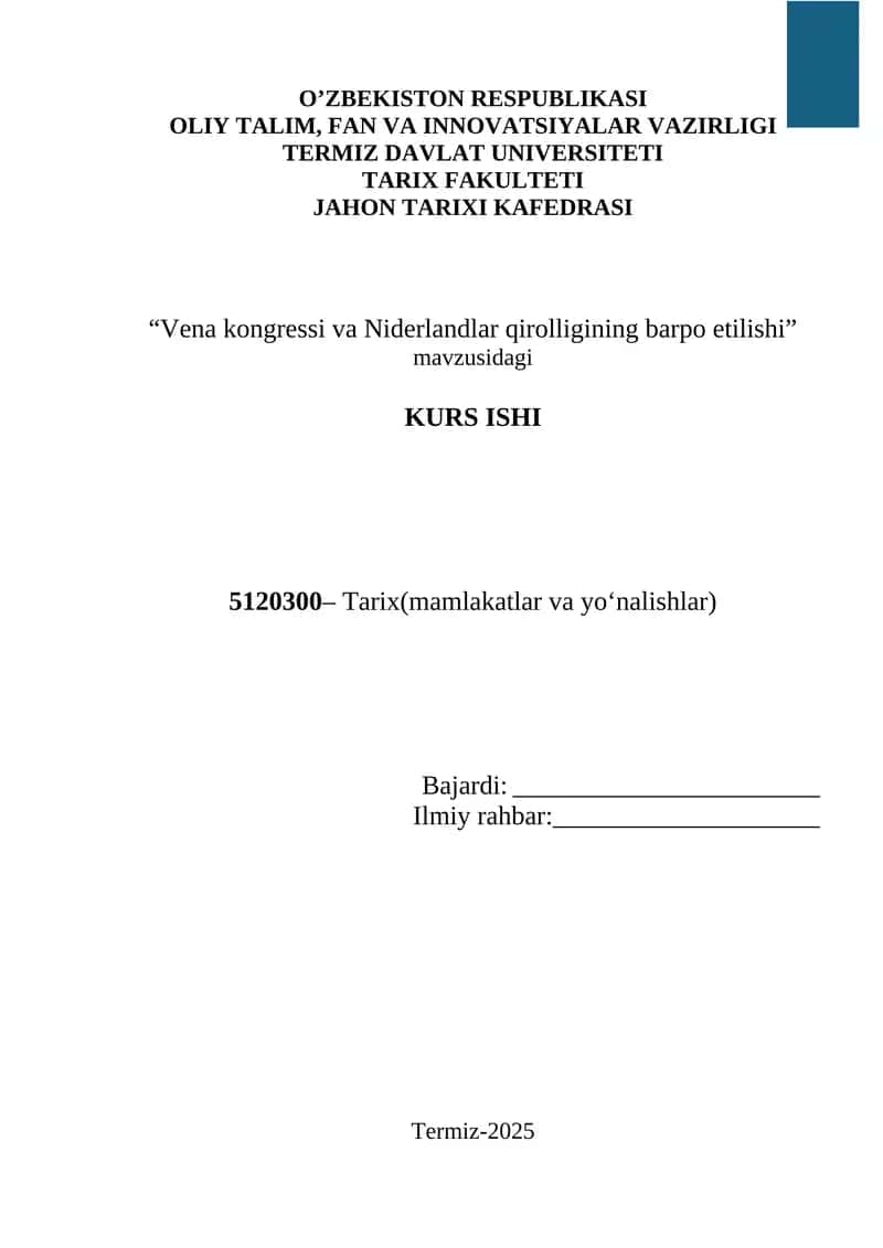 “Vena kongressi va Niderlandlar qirolligining barpo etilishi” 1