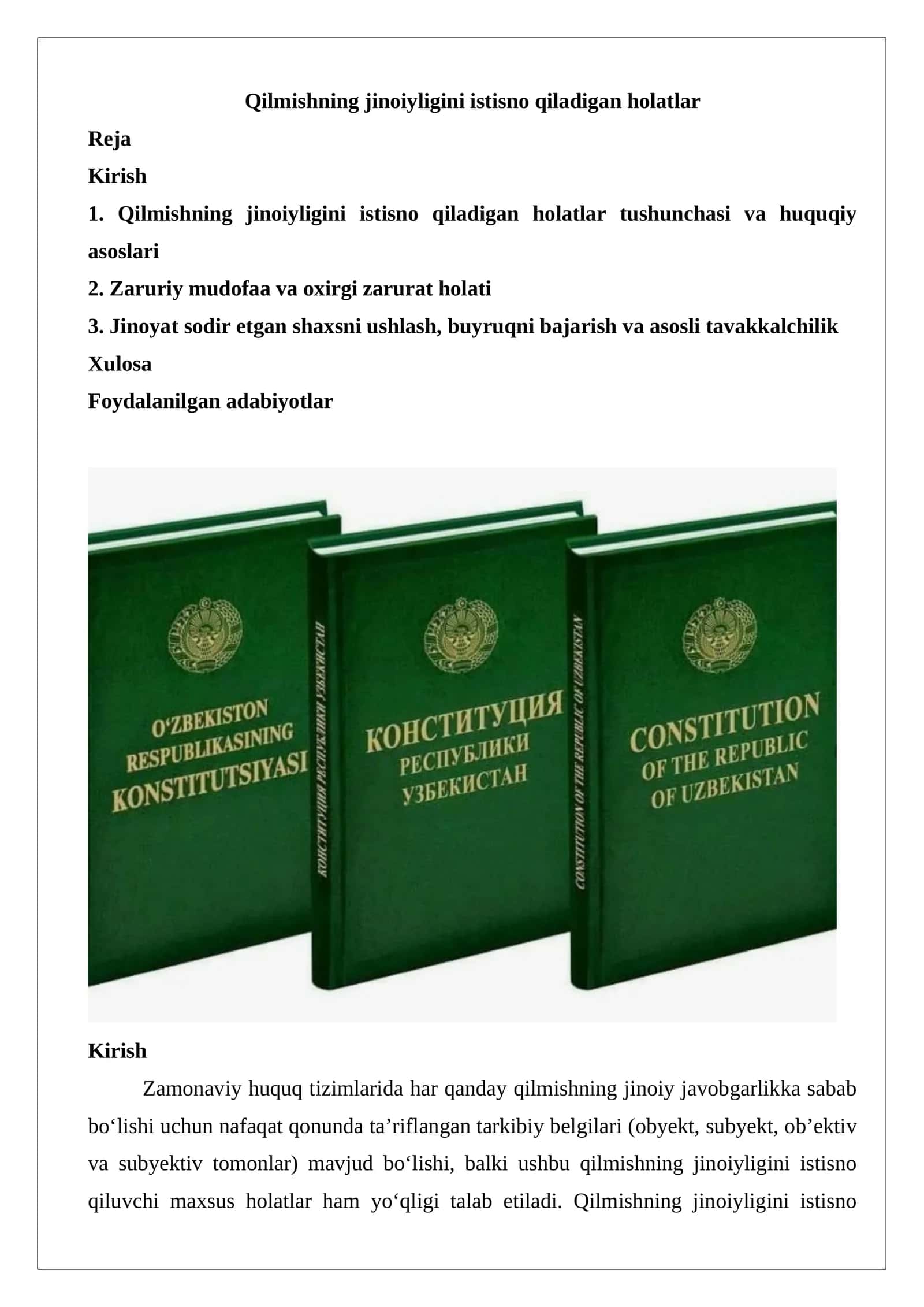 Qilmishning jinoiyligini istisno qiladigan holatlar 1