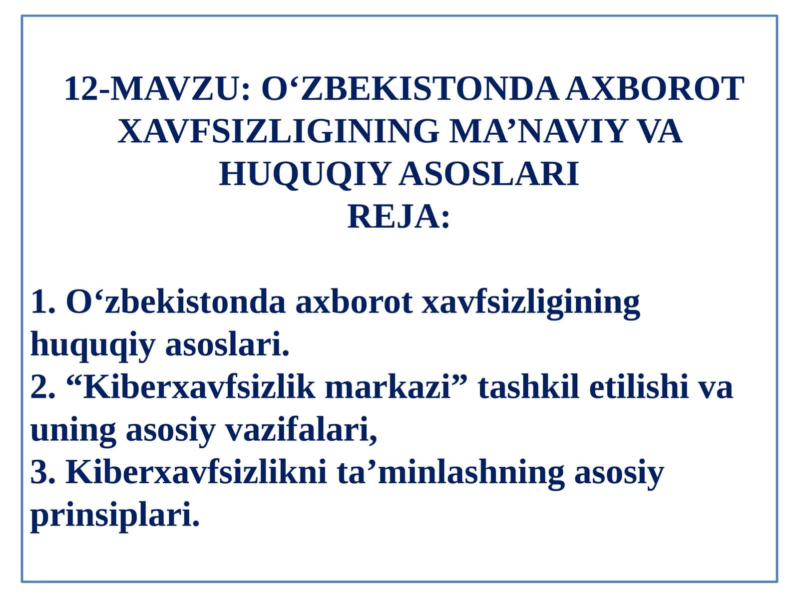 O‘ZBEKISTONDA AXBOROT XAVFSIZLIGINING MA’NAVIY VA HUQUQIY ASOSLARI 1