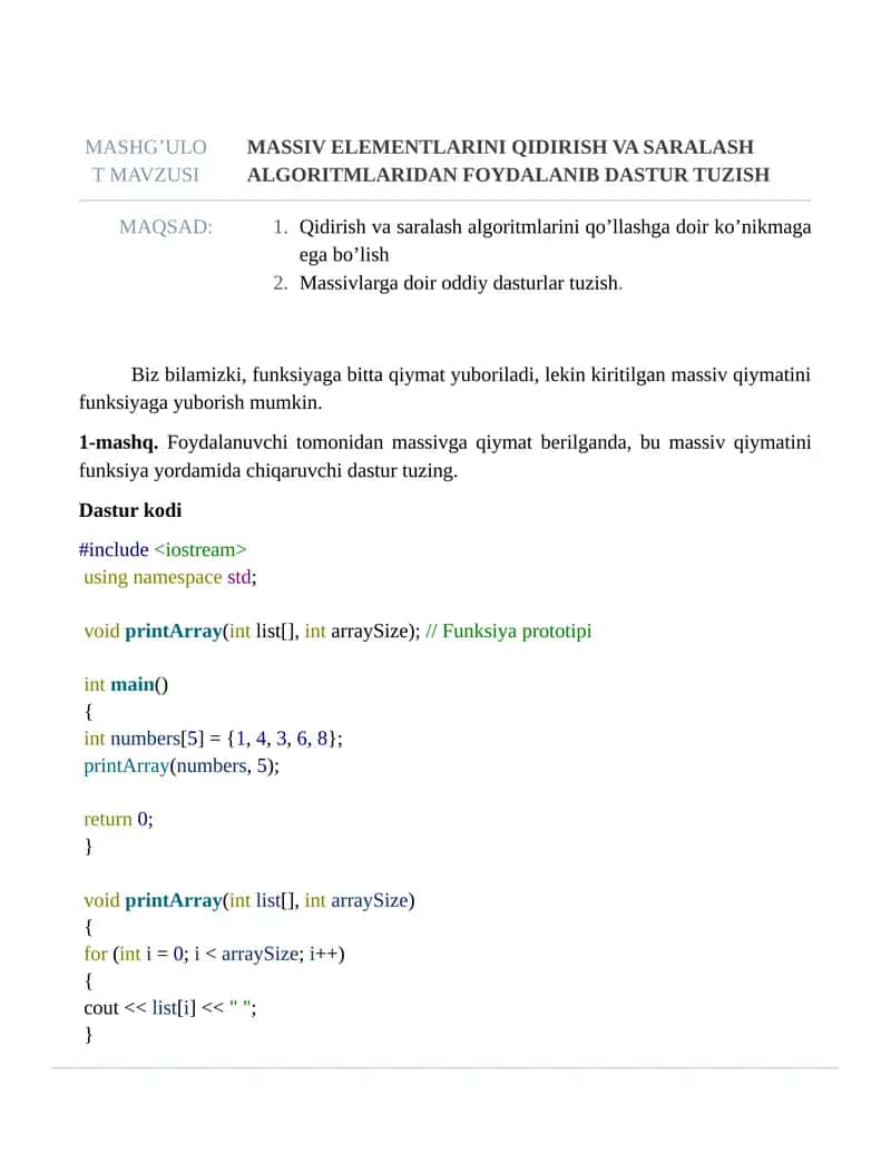 Massiv elementlarini qidirish va saralash algoritmlaridan foydalanib dastur tuzish 1