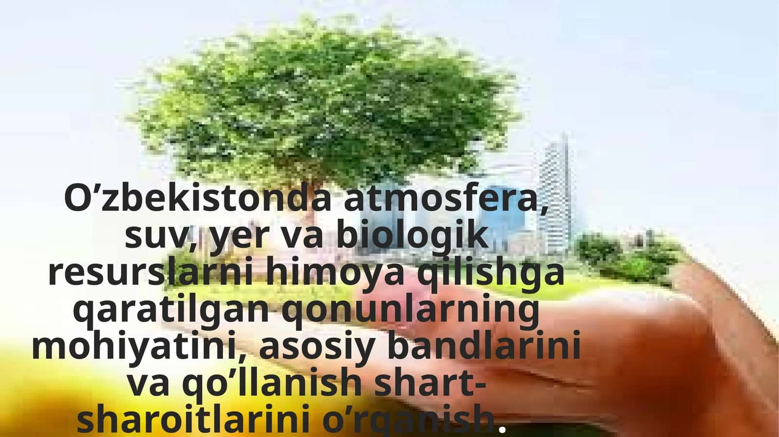 O’zbekistonda atmosfera, suv, yer va biologik resurslarni himoya qilishga qaratilgan qonunlarning mohiyatini, asosiy bandlarini va qo’llanish shart-sharoitlarini o’rganish 1