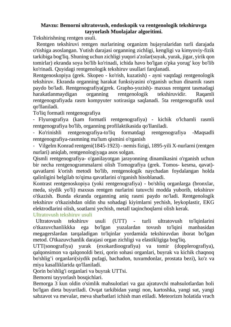 Bemorni ultratovush, endoskopik va rentgenologik tekshiruvga tayyorlash Muolajalar algoritimi 1