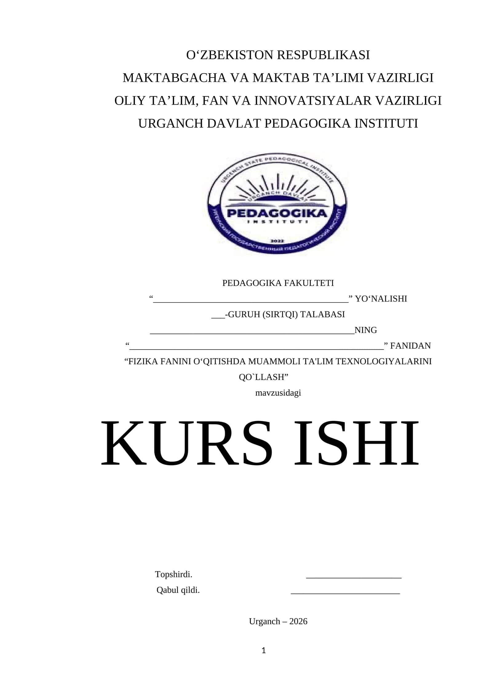 FIZIKA FANINI O‘QITISHDA MUAMMOLI TA'LIM TEXNOLOGIYALARINI QO`LLASH 1