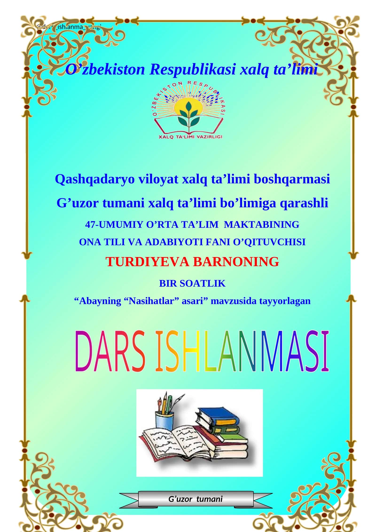 Abayning “Nasihatlar” asari DARS ISHLANMASI 1