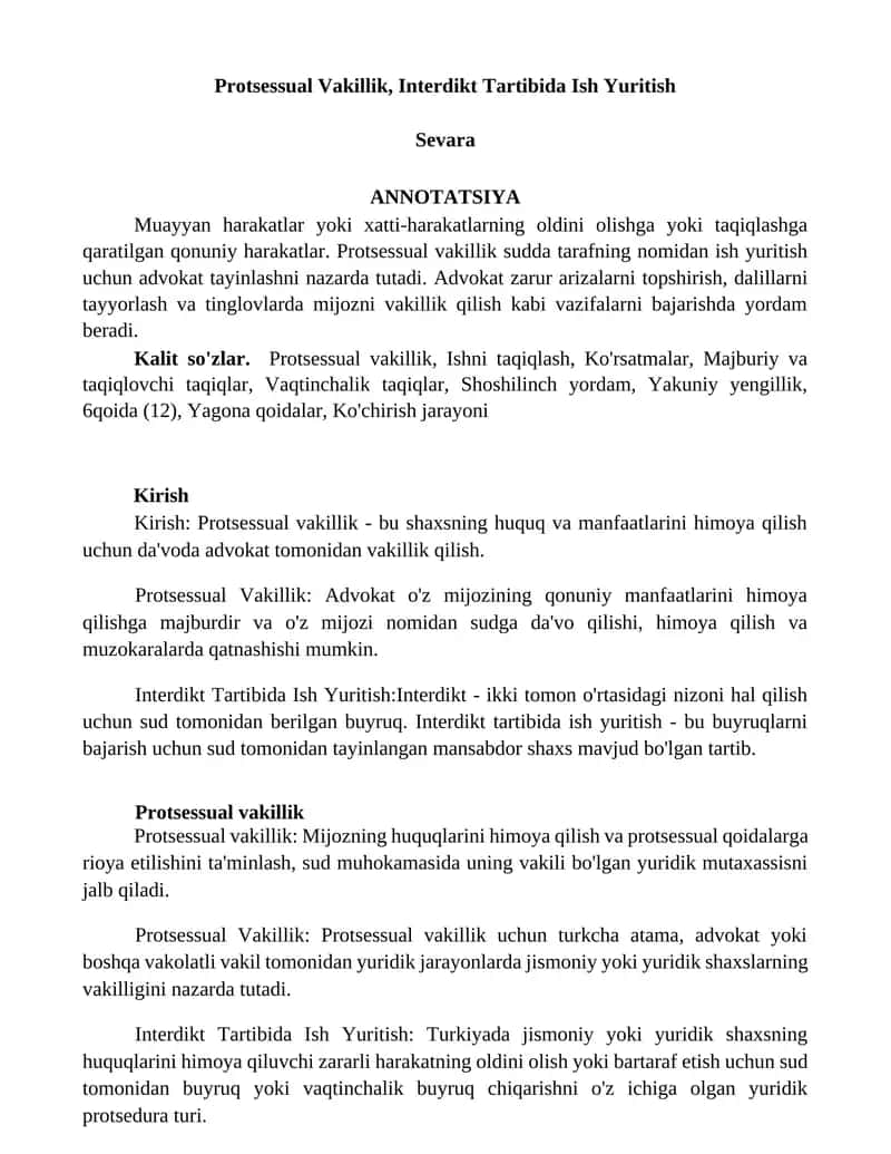 Protsessual Vakillik, Interdikt Tartibida Ish Yuritish 1