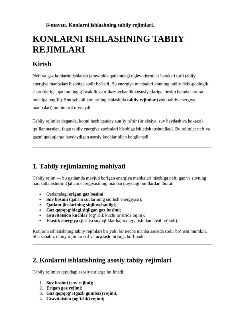 Konlarni ishlashning tabiiy rejimlari 1