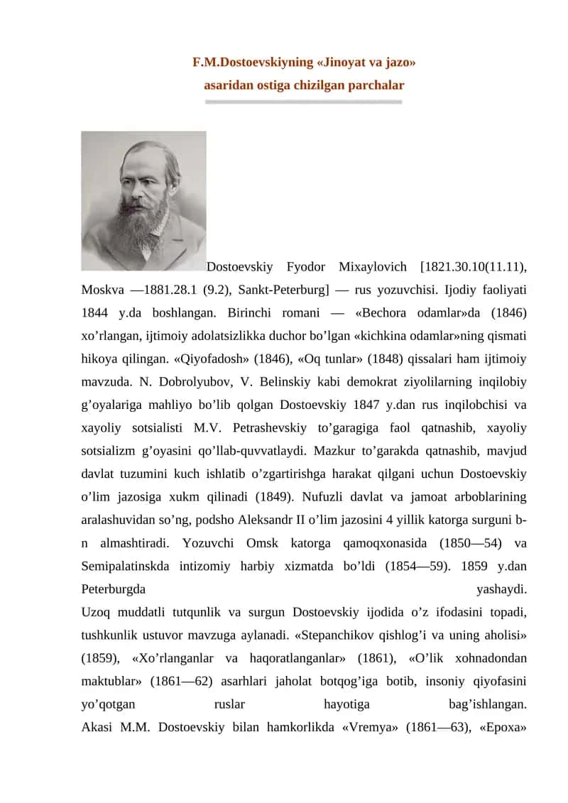 F.M.Dostoevskiyning «Jinoyat va jazo» 1