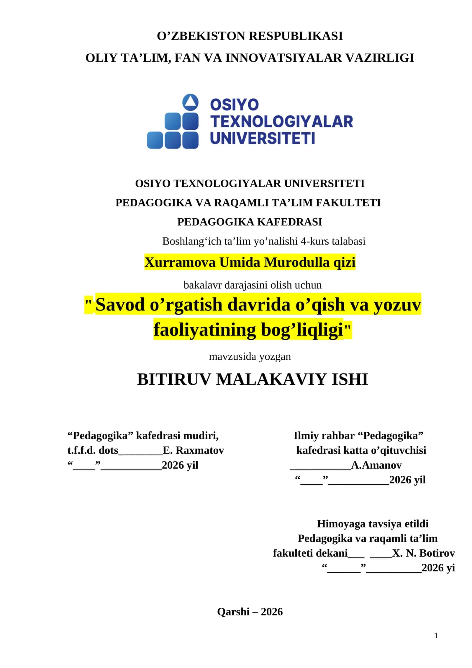 Savod o’rgatish davrida o’qish va yozuv faoliyatining bog’liqligi 1