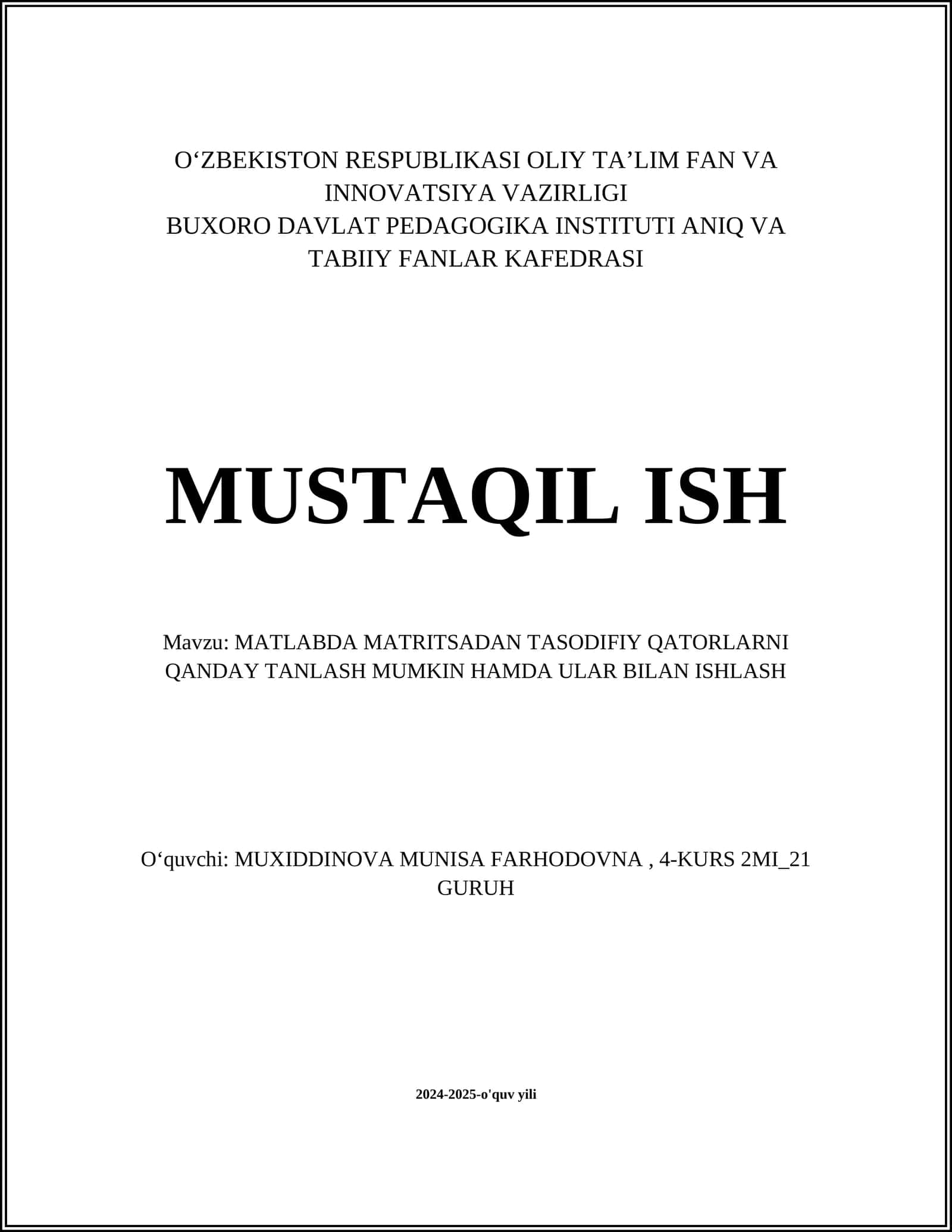 MATLABDA MATRITSADAN TASODIFIY QATORLARNI QANDAY TANLASH MUMKIN HAMDA ULAR BILAN ISHLASH 1