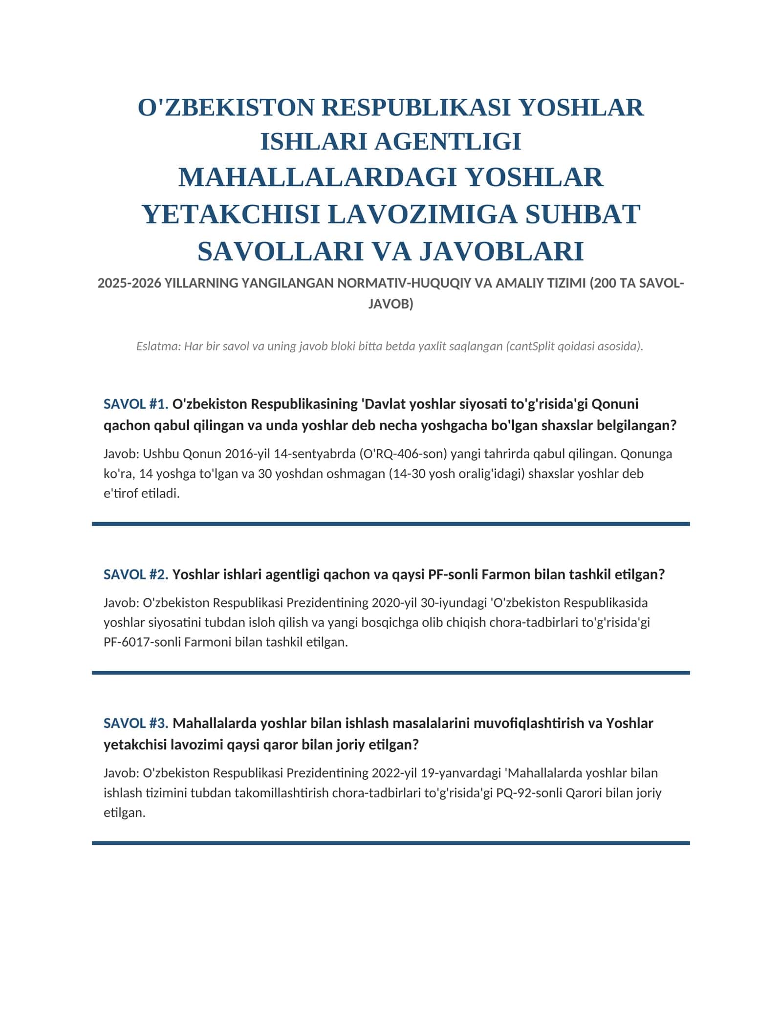 MAHALLALARDAGI YOSHLAR YETAKCHISI LAVOZIMIGA SUHBAT SAVOLLARI VA JAVOBL  2026 yilARI 1