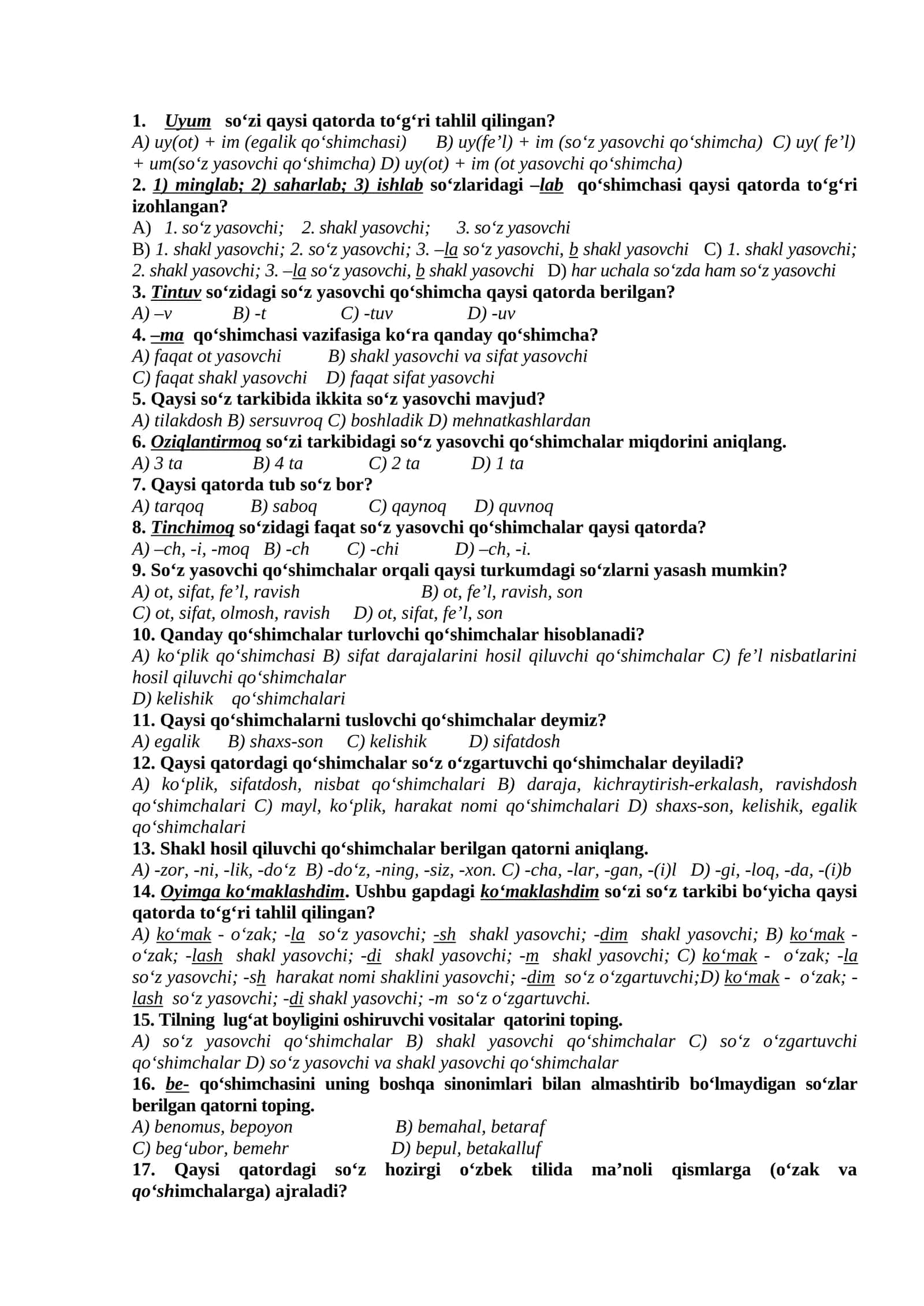 O'zbek tili grammatikasi testlari 1