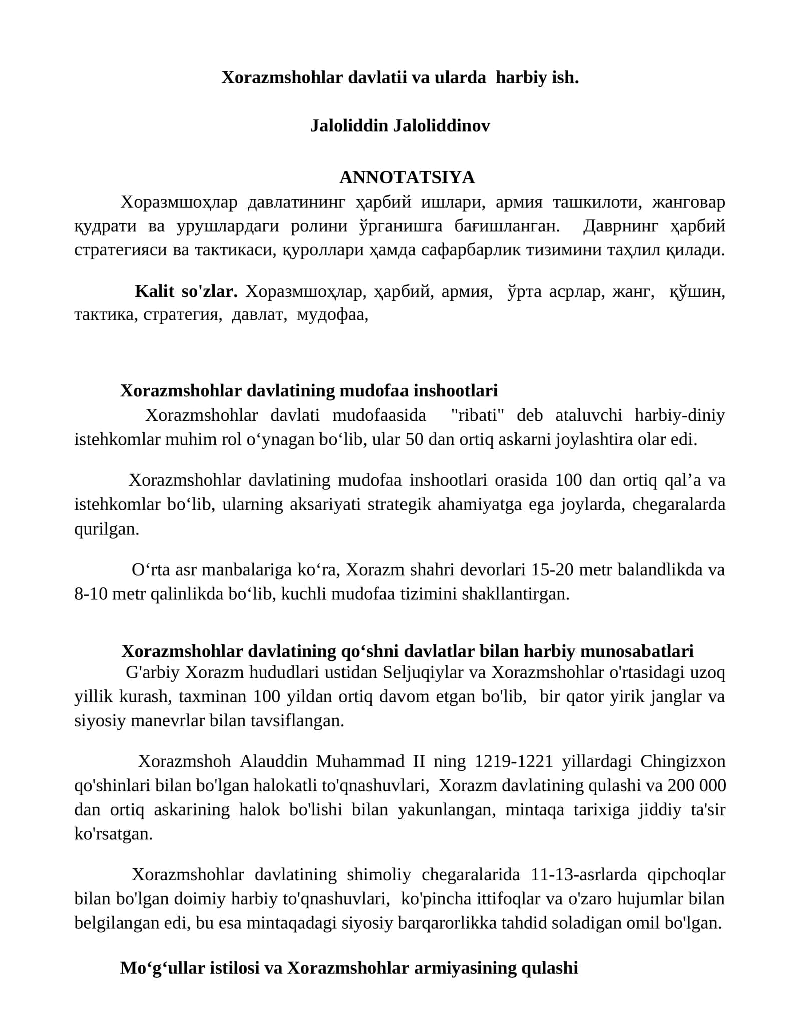 Xorazmshohlar davlatii va ularda harbiy ish 1