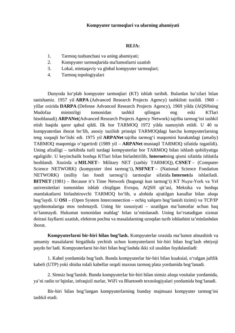 Kompyuter tarmoqlari va ularning ahamiyati 1