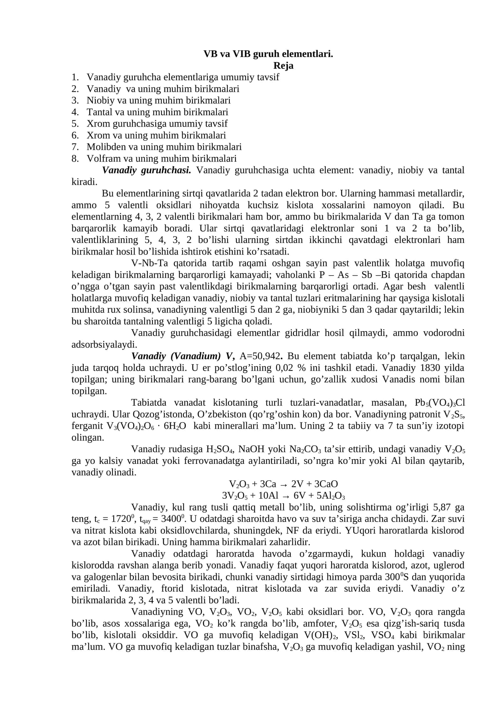 Vanadiy guruhcha elementlariga umumiy tavsif 1