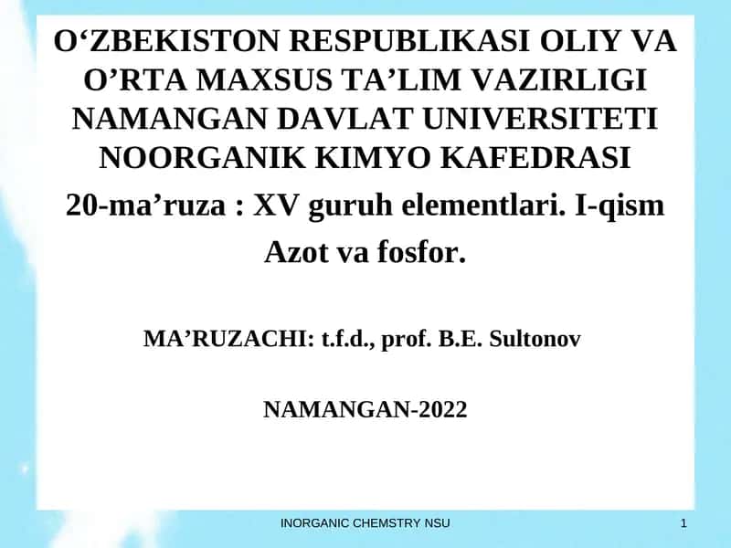 XV guruh elementlari. I-qism Azot va fosfor 1