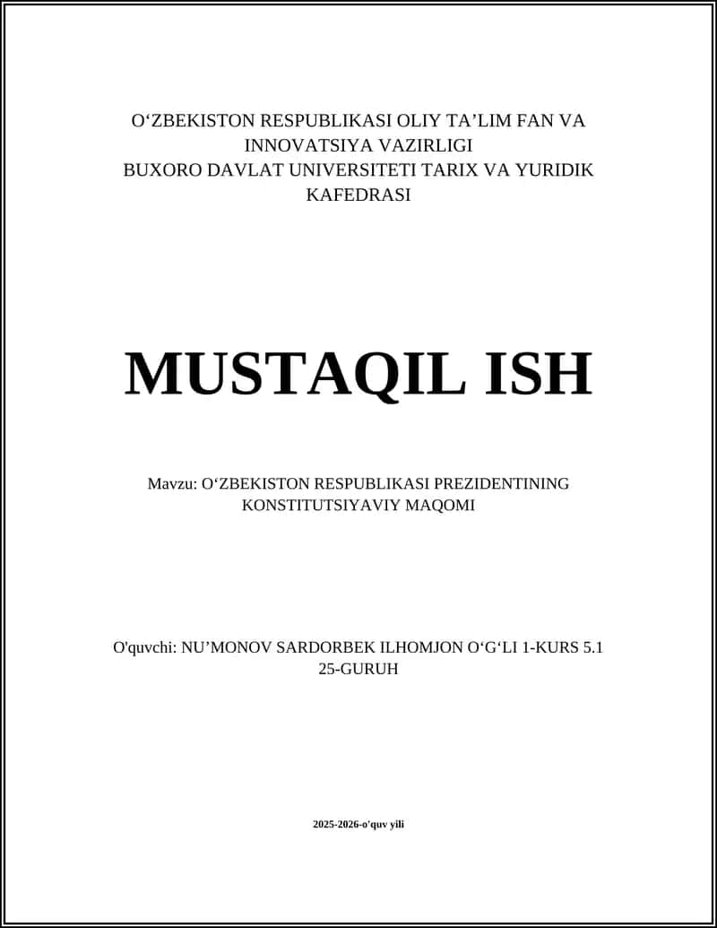 OʻZBEKISTON RESPUBLIKASI PREZIDENTINING KONSTITUTSIYAVIY MAQOMI 1
