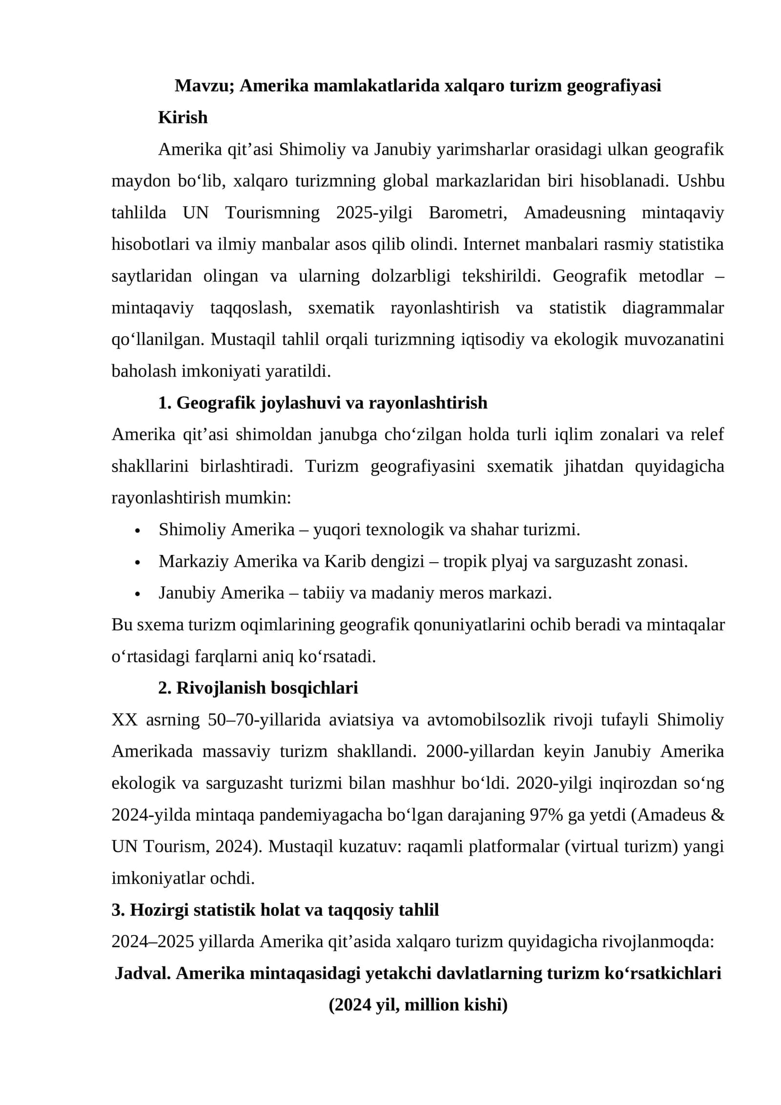 Amerika mamlakatlarida xalqaro turizm geografiyasi 1