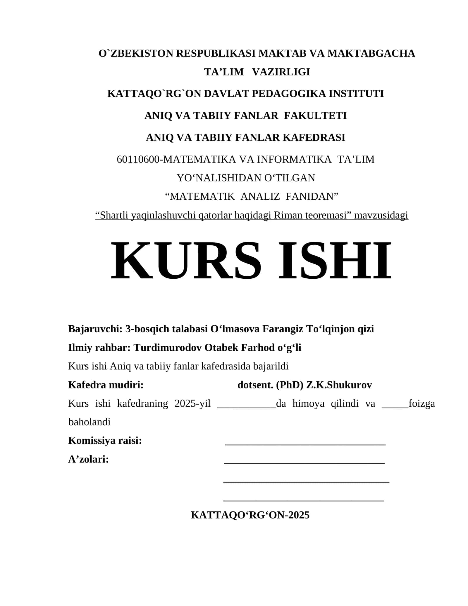 "Shartli yaqinlashuvchi qatorlar haqidagi Riman teoremasi" mavzusidagi KURS ISHI 1
