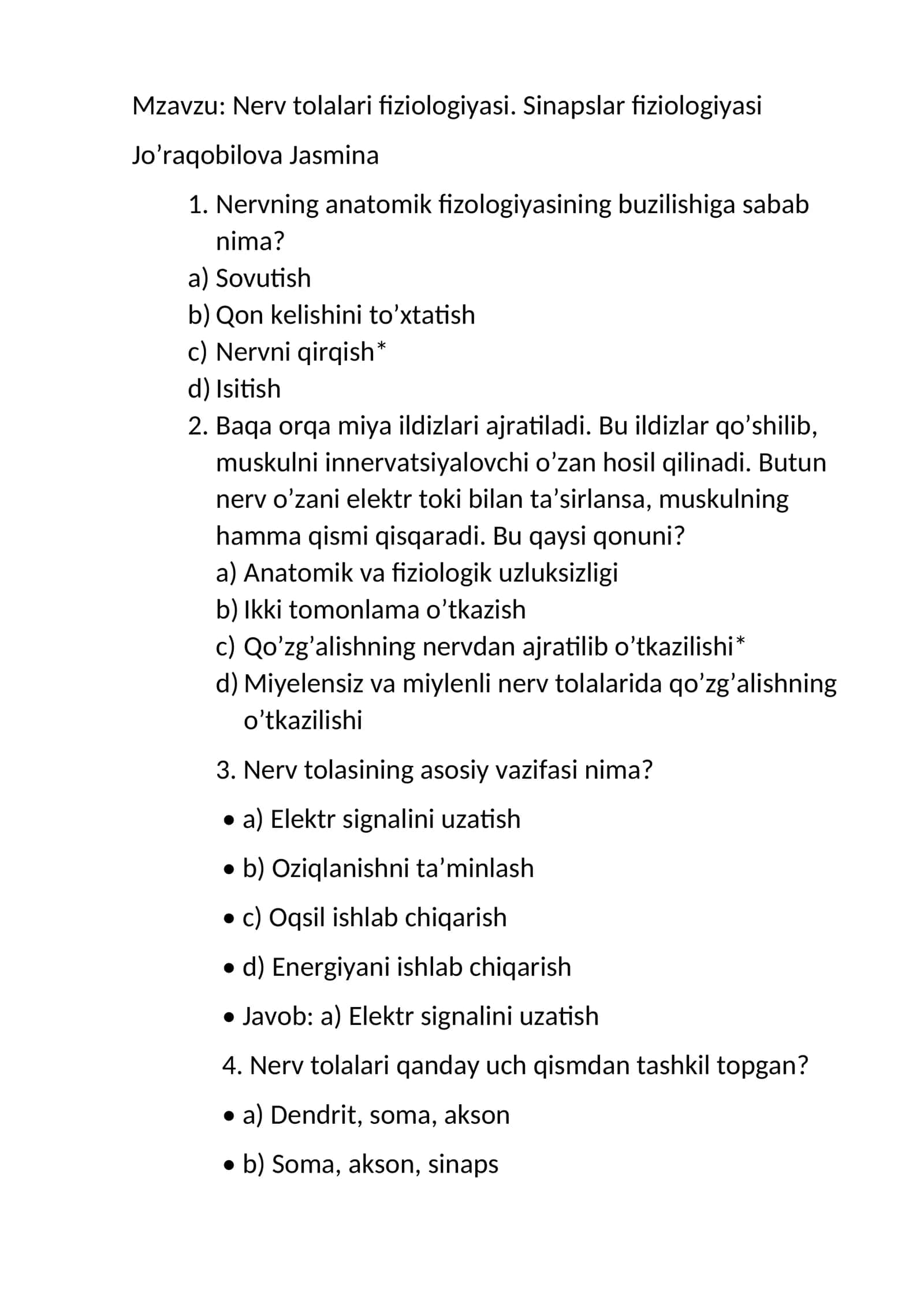 Nerv tolalari fiziologiyasi. Sinapslar fiziologiyasi 1