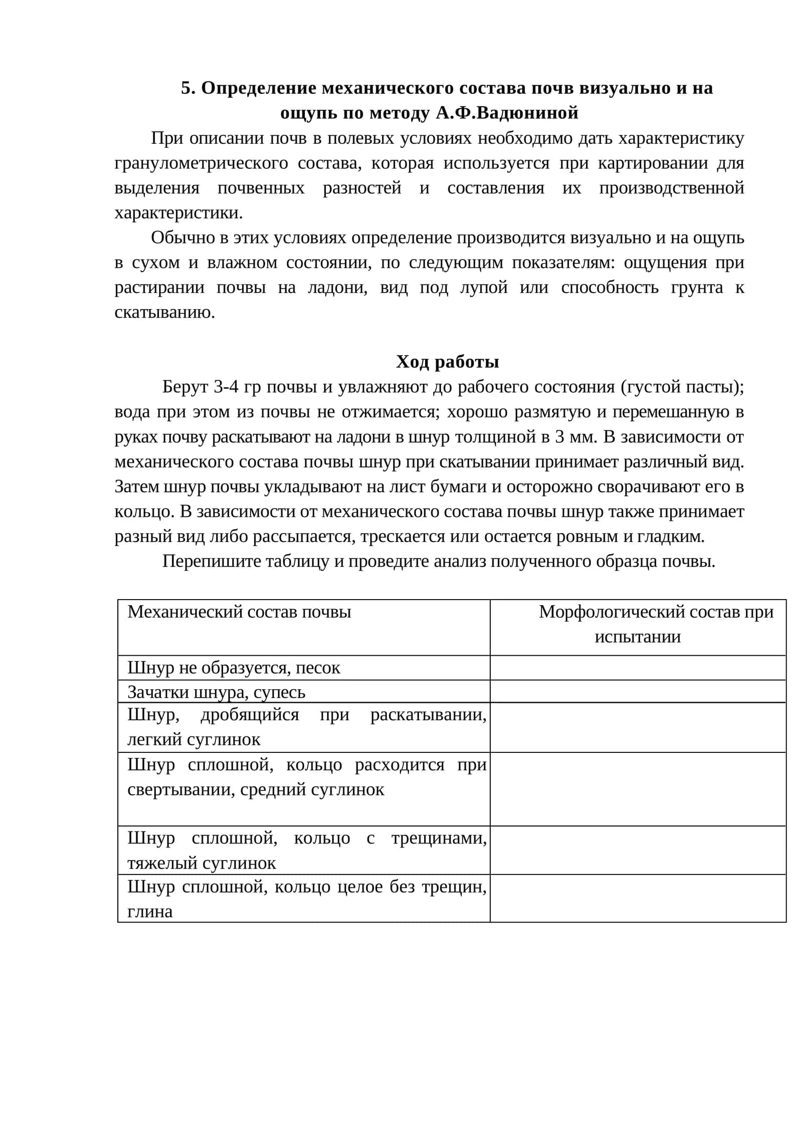 Определение механического состава почв визуально и на ощупь по методу А.Ф.Вадюниной 1