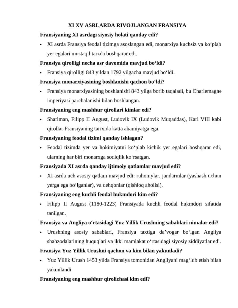 XI XV ASRLARDA RIVOJLANGAN FRANSIYA 1