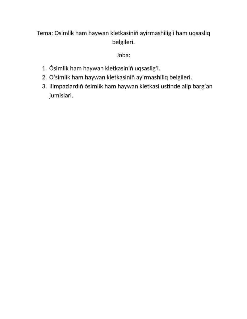 Ósimlik ham haywan kletkasiniň ayirmashiligʻi ham uqsasliq belgileri 1