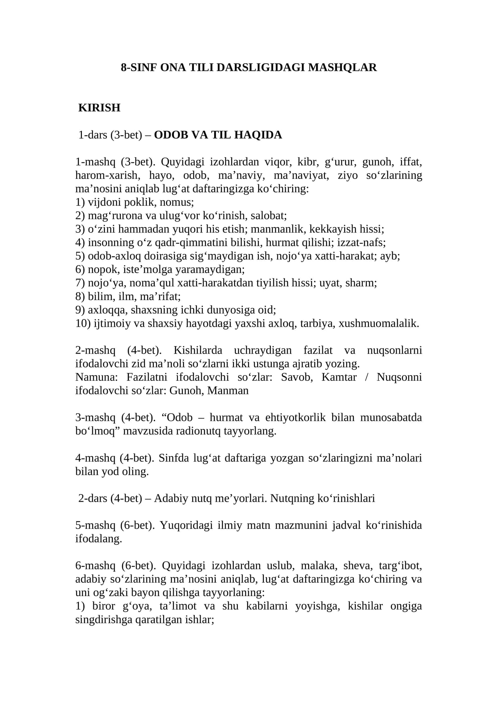 SINF ONA TILI DARSLIGIDAGI MASHQLAR 1