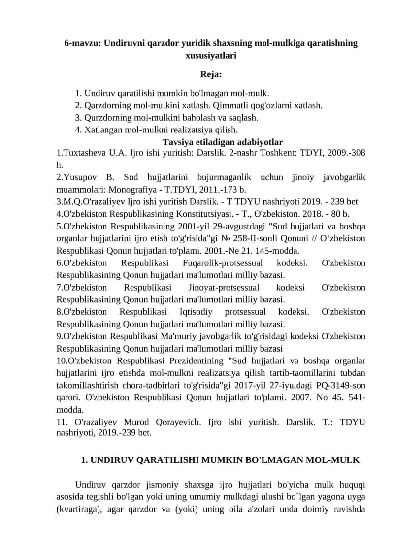 Undiruvni qarzdor yuridik shaxsning mol-mulkiga qaratishning xususiyatlari 1