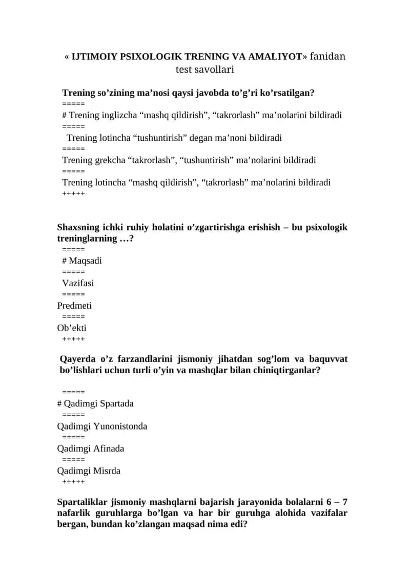 IJTIMOIY PSIXOLOGIK TRENING VA AMALIYOT fanidan test savollari 1