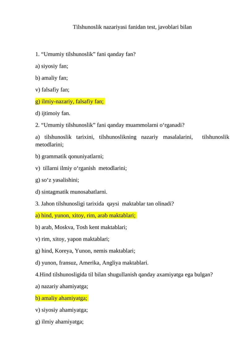 Umumiy tilshunoslik fanidan test, javoblari bilan 1