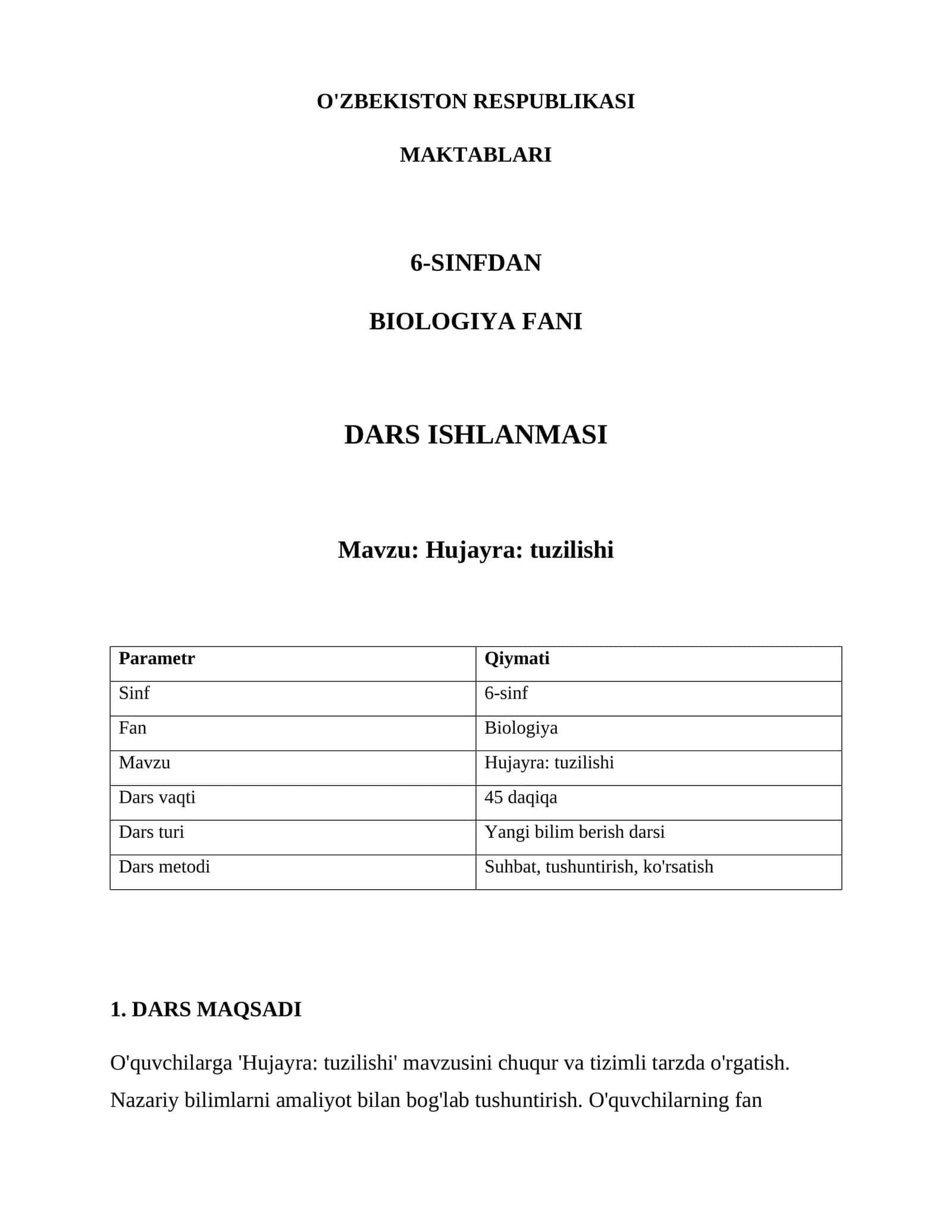 Maktablari 6-sinfdan Biologiya fanida Dars Ishlanmasi 1