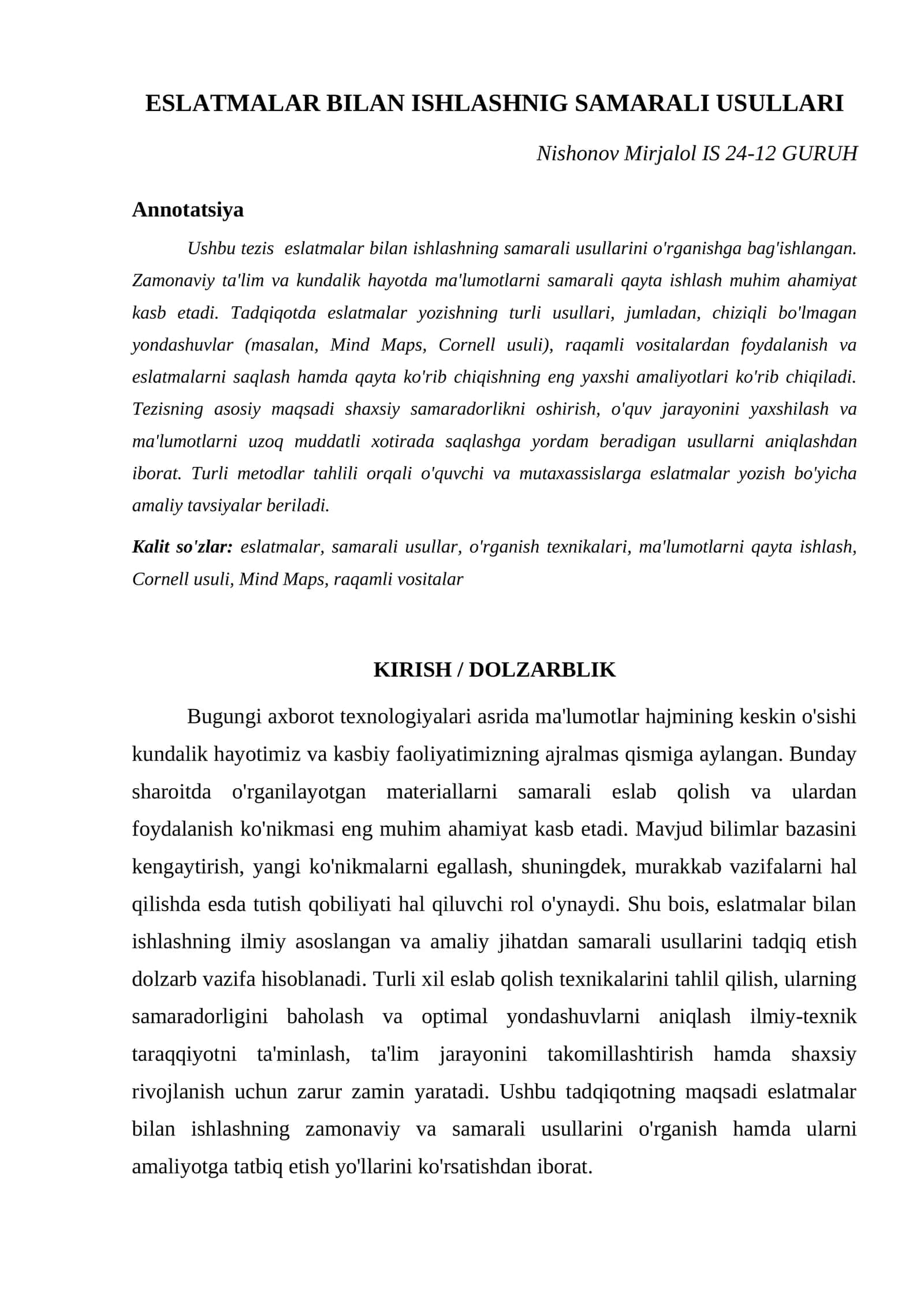ESLATMALAR BILAN ISHLASHNIG SAMARALI USULLARI 1