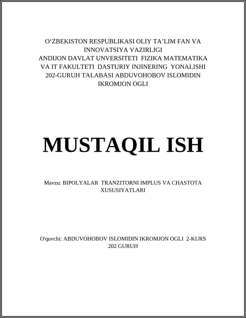 BIPOLYALAR TRANZITORNI IMPLUS VA CHASTOTA XUSUSIYATLARI 1