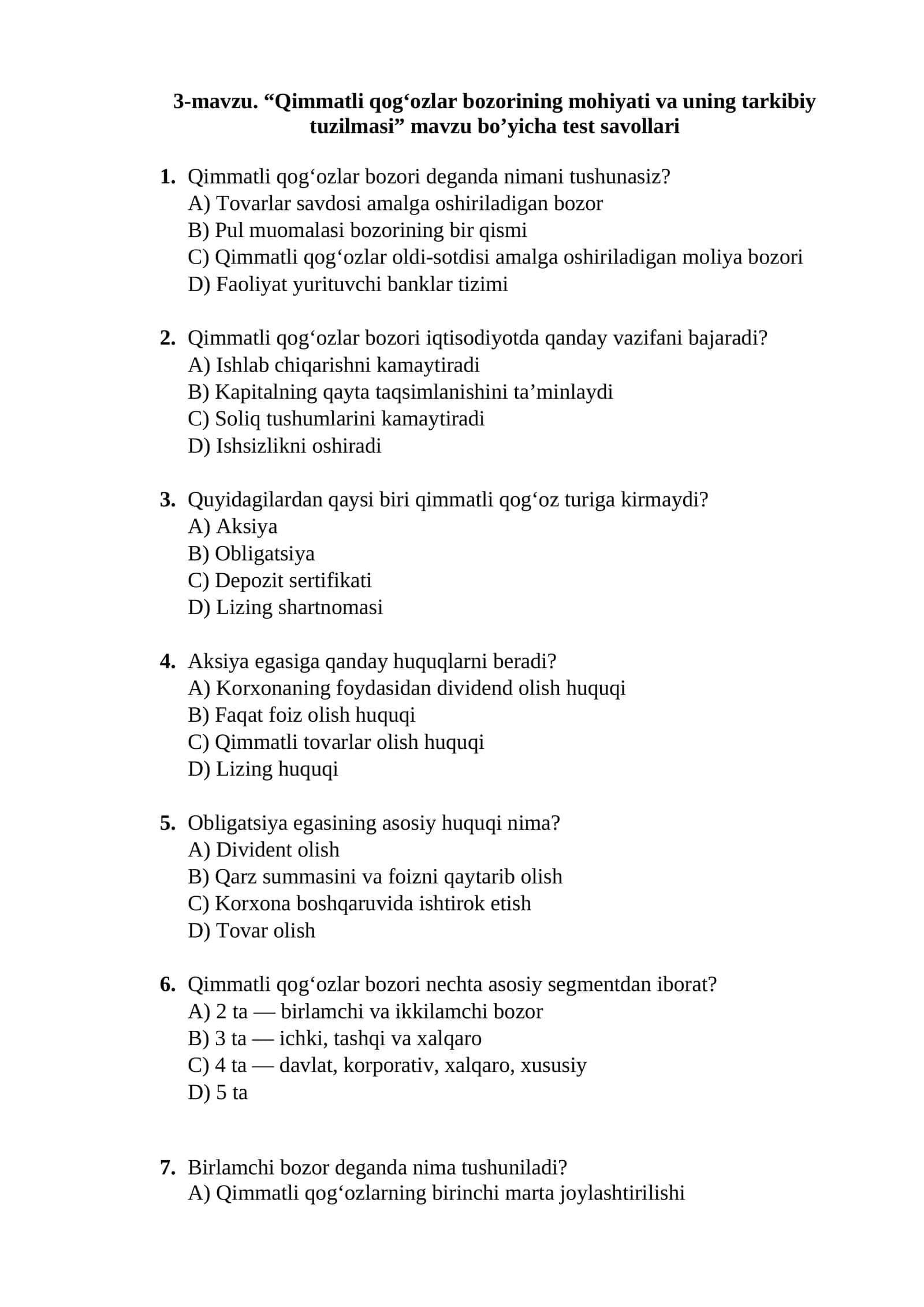 Qimmatli qog'ozlar bozorining mohiyati va uning tarkibiy tuzilmasi 1