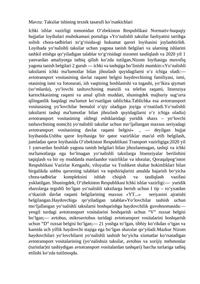 Yo‘nalishli taksilar faoliyatini tartibga solish chora-tadbirlari to‘g‘risida 1