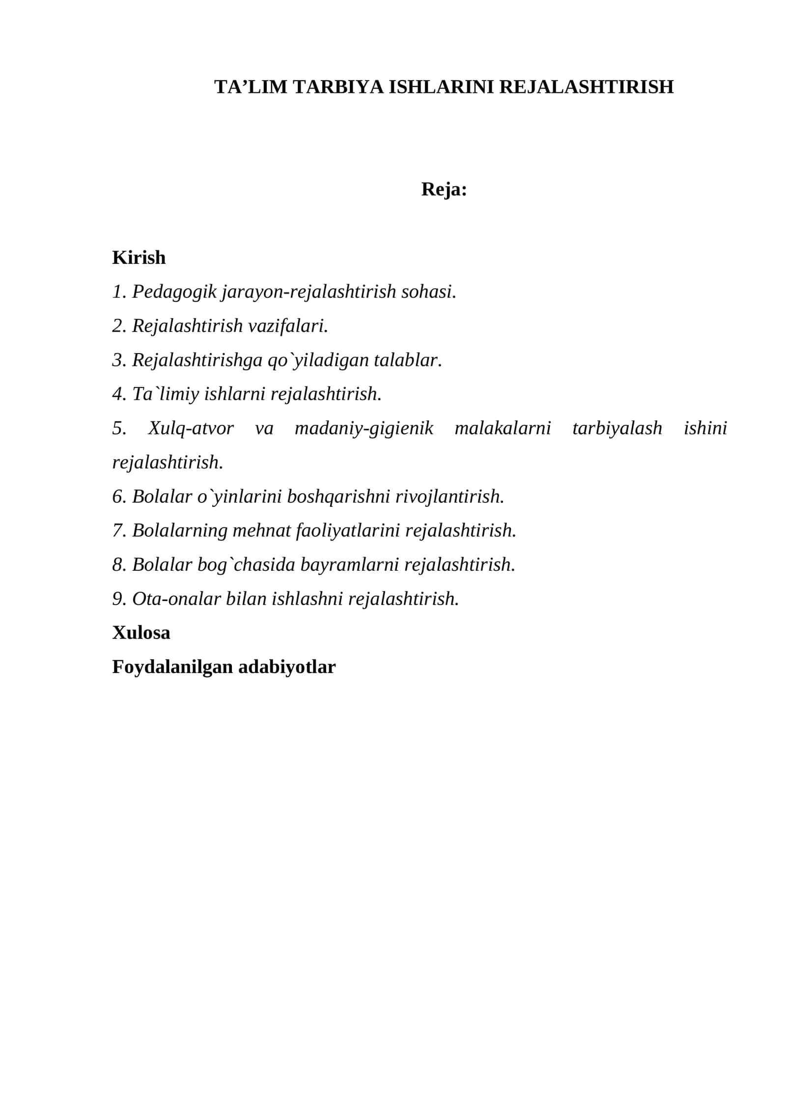 TA’LIM TARBIYA ISHLARINI REJALASHTIRISH 1