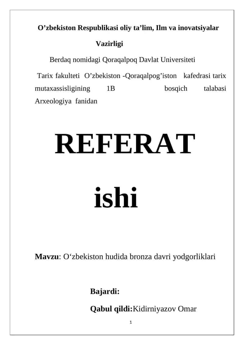 Oʻzbekiston hudida bronza davri yodgorliklari 1