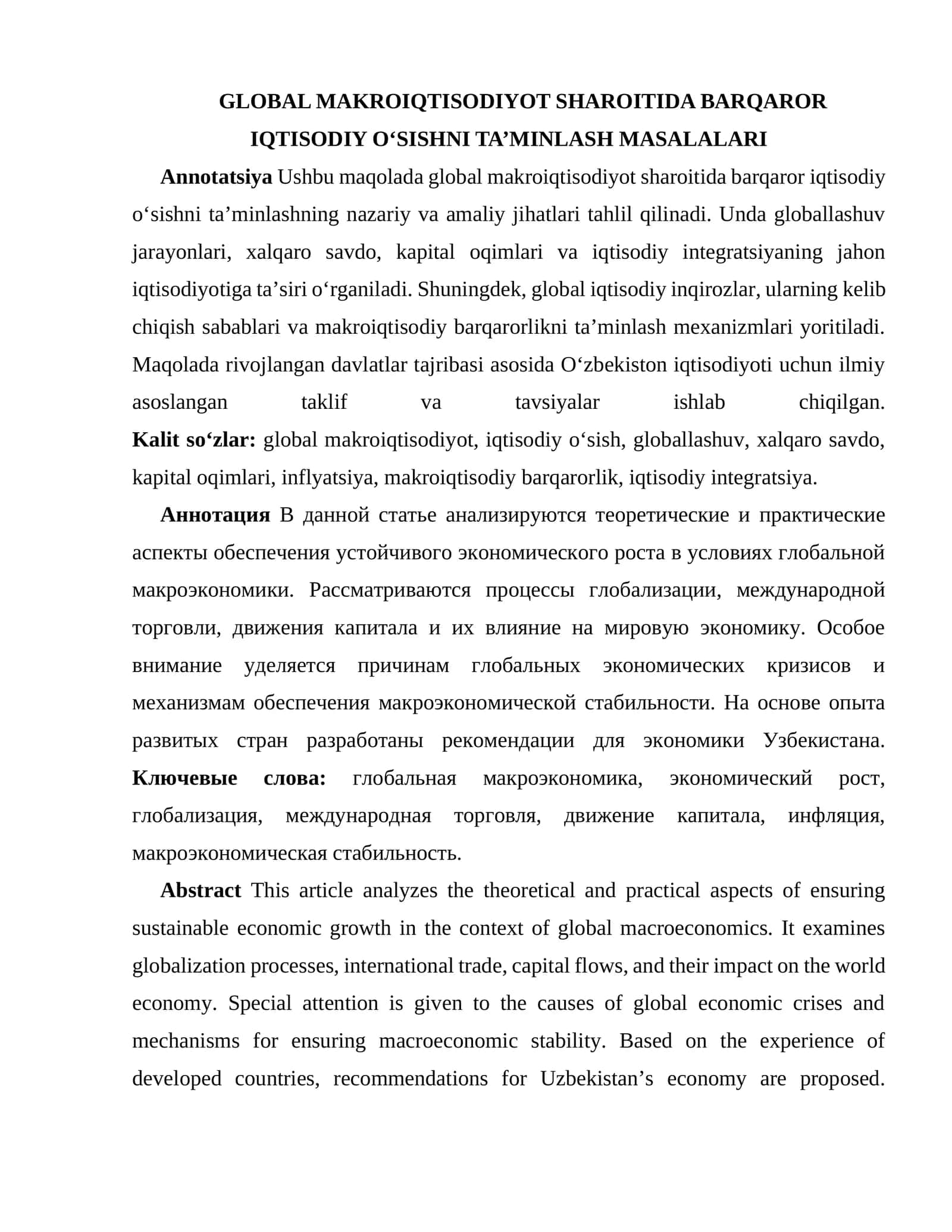 GLOBAL MAKROIQTISODIYOT SHAROITIDA BARQAROR IQTISODIY O‘SISHNI TA’MINLASH MASALALARI 1