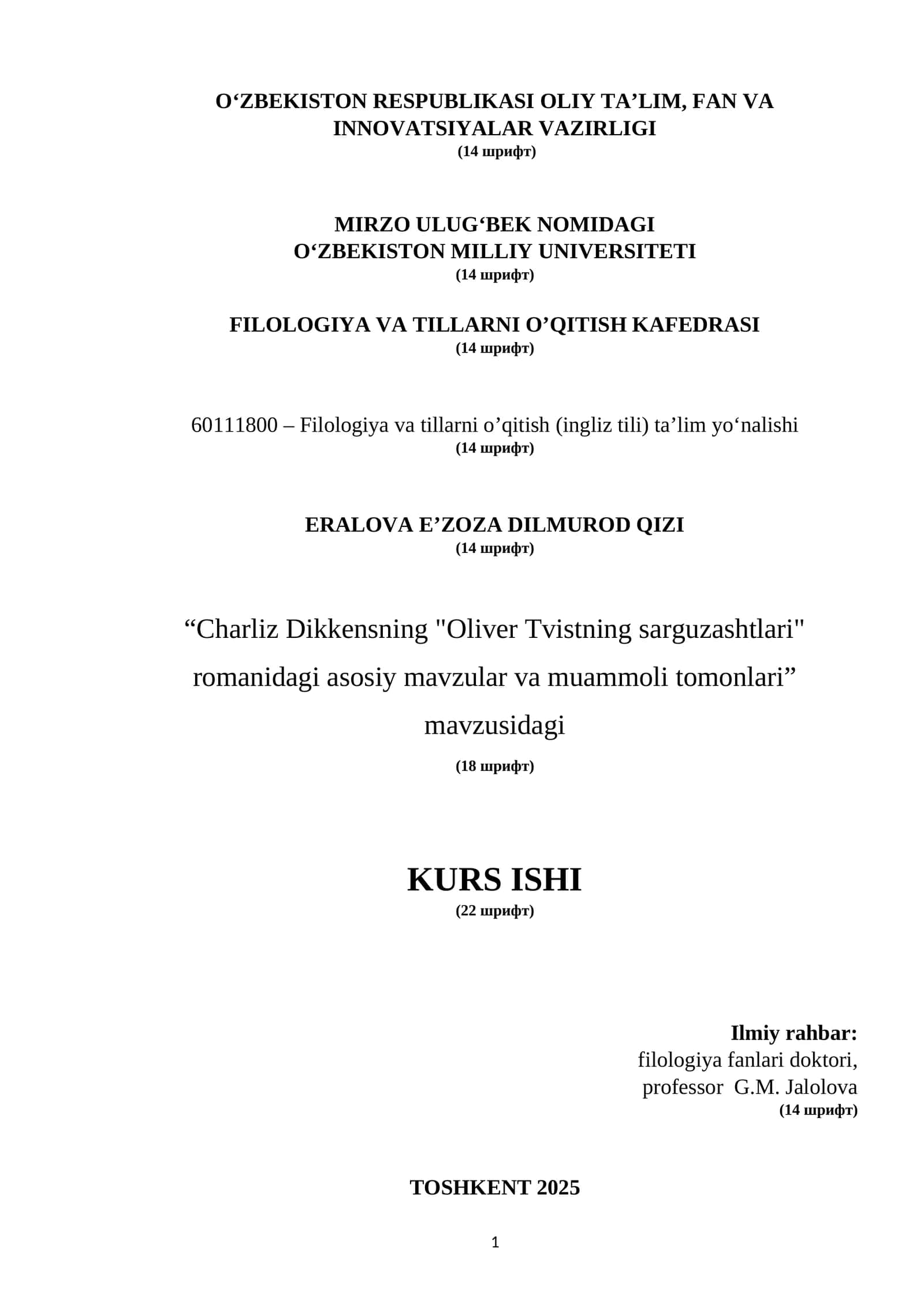 "Charliz Dikkensning "Oliver Tvistning sarguzashtlari" romanidagi asosiy mavzular va muammoli tomonlari" 1