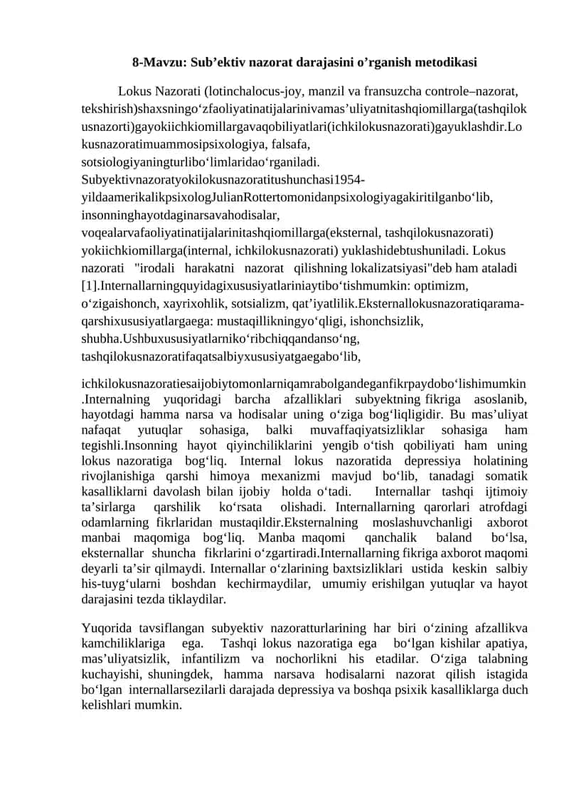 Sub’ektiv nazorat darajasini o’rganish metodikasi 1