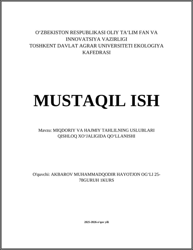 MIQDORIY VA HAJMIY TAHLILNING USLUBLARI QISHLOQ XOʻJALIGIDA QOʻLLANISHI 1