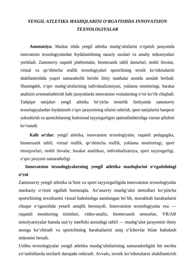 YENGIL ATLETIKA MASHQLARINI OʻRGATISHDA INNOVATSION TEXNOLOGIYALAR 1