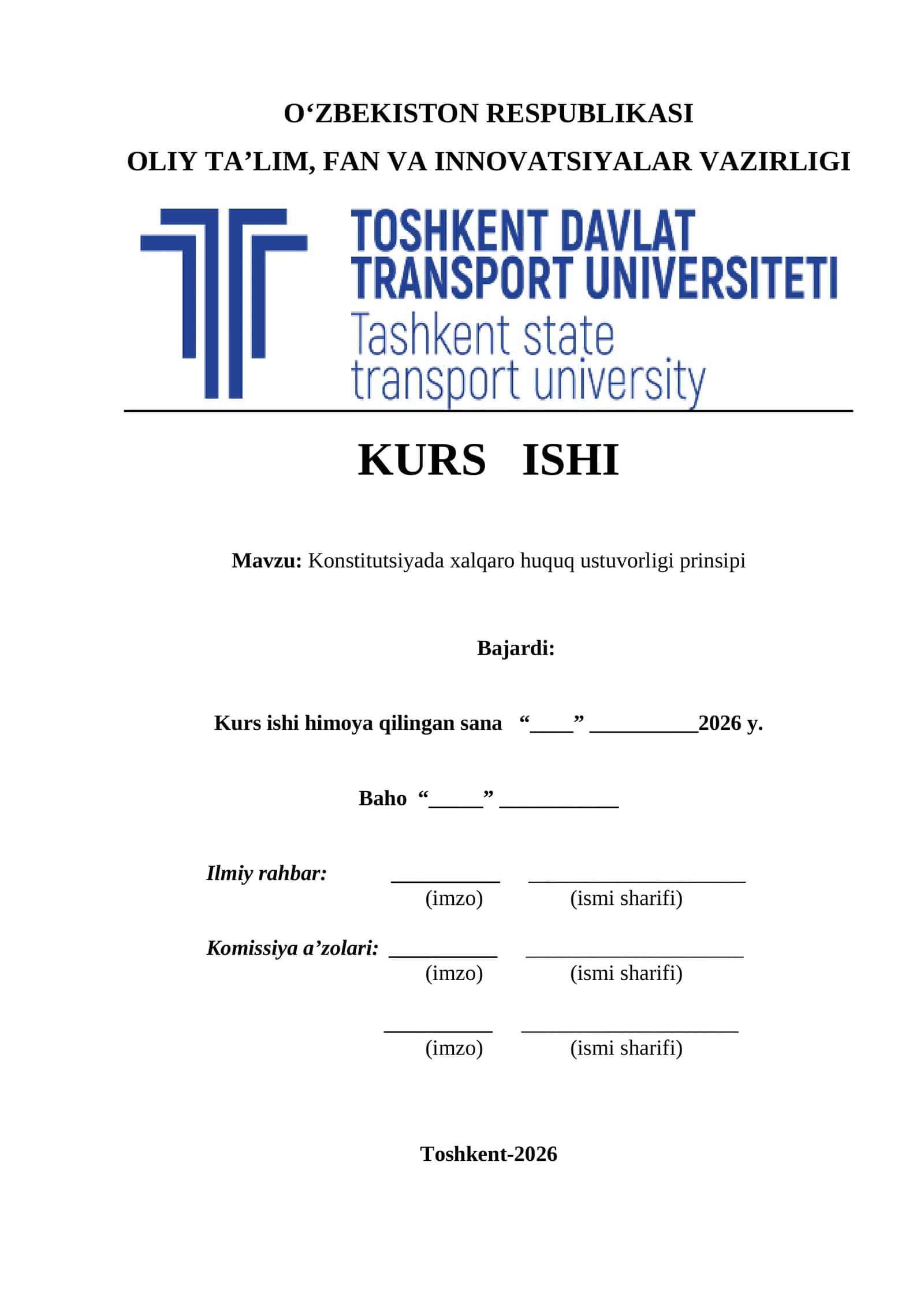Konstitutsiyada xalqaro huquq ustuvorligi prinsipi kurs ishi 1