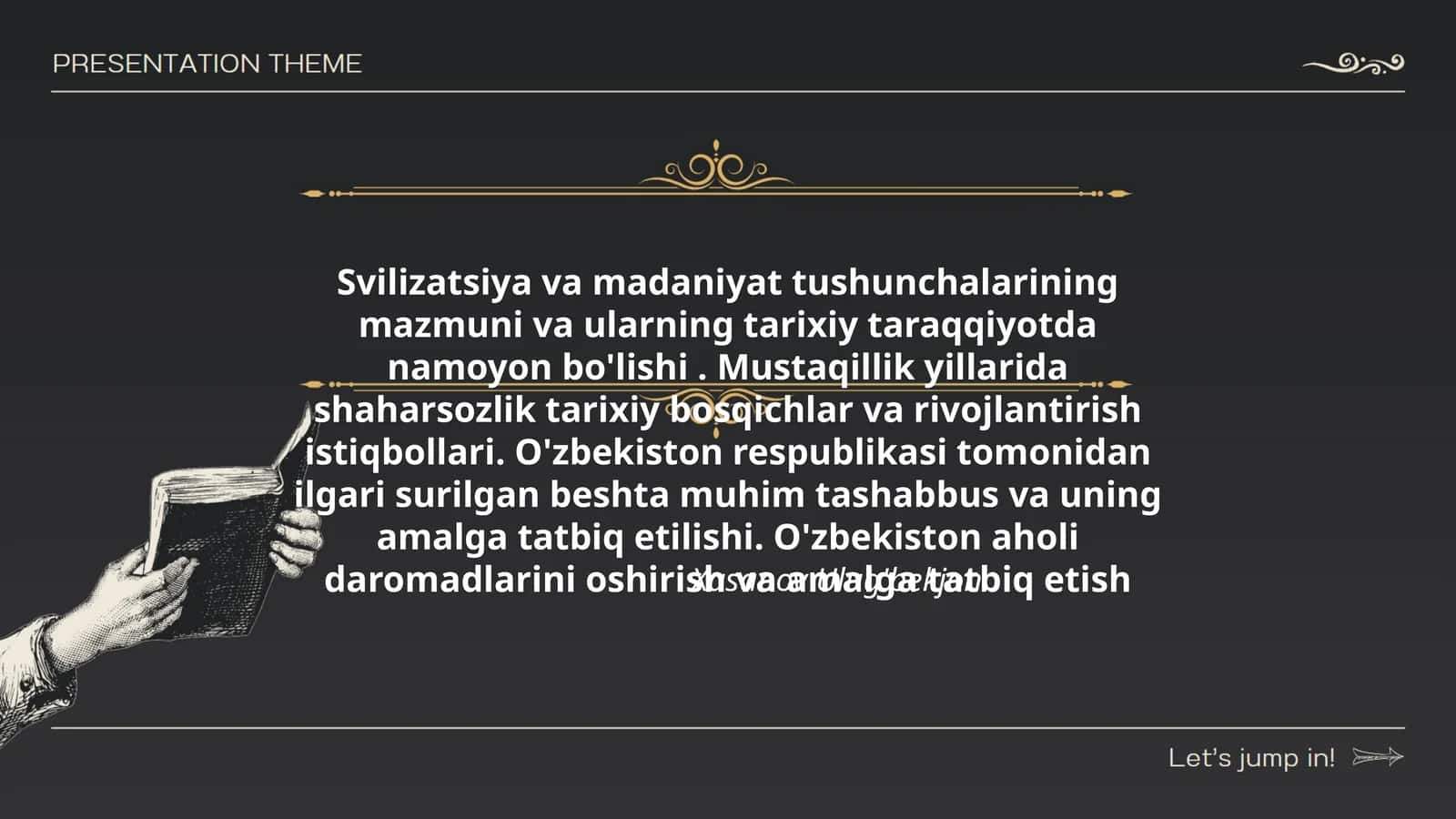 Svilizatsiya va madaniyat tushunchalarining mazmuni va ularning tarixiy taraqqiyotda namoyon bo'lishi. Mustaqillik yillarida shaharsozlik tarixiy bosqichlar va rivojlantirish istiqbollari. O'zbekiston respublikasi tomonidan ilgari surilgan beshta muhim tashabbus va uning amalga tatbiq etilishi. O'zbekiston aholi daromadlarini oshirish va amalga tatbiq etish 1