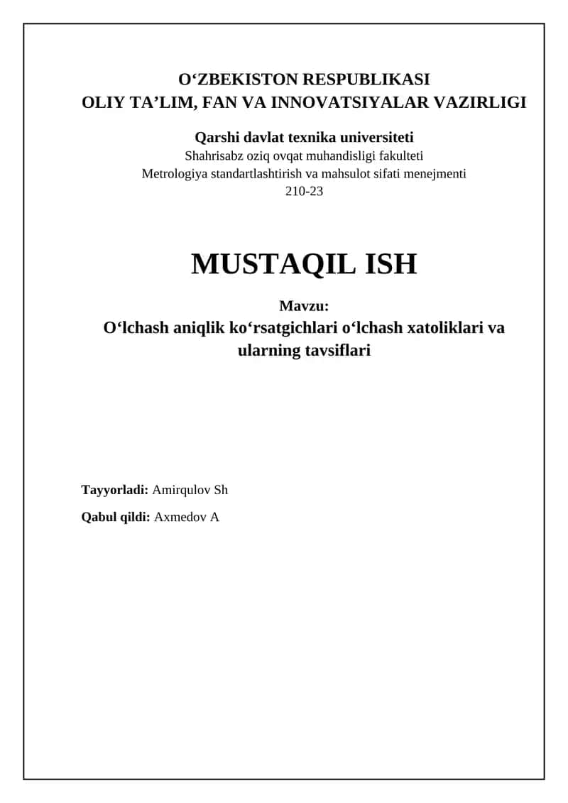 Xatoliklarni Baholash, Qayta Ishlash va O'lchov Natijalarini Taqdim Etish 1