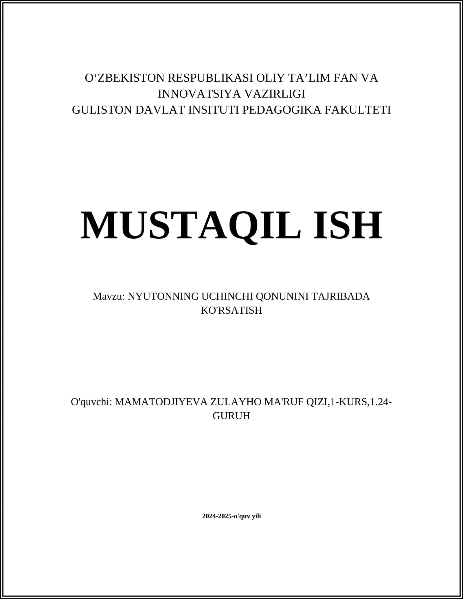 NYUTONNING UCHINCHI QONUNINI TAJRIBADA KO'RSATISH 1