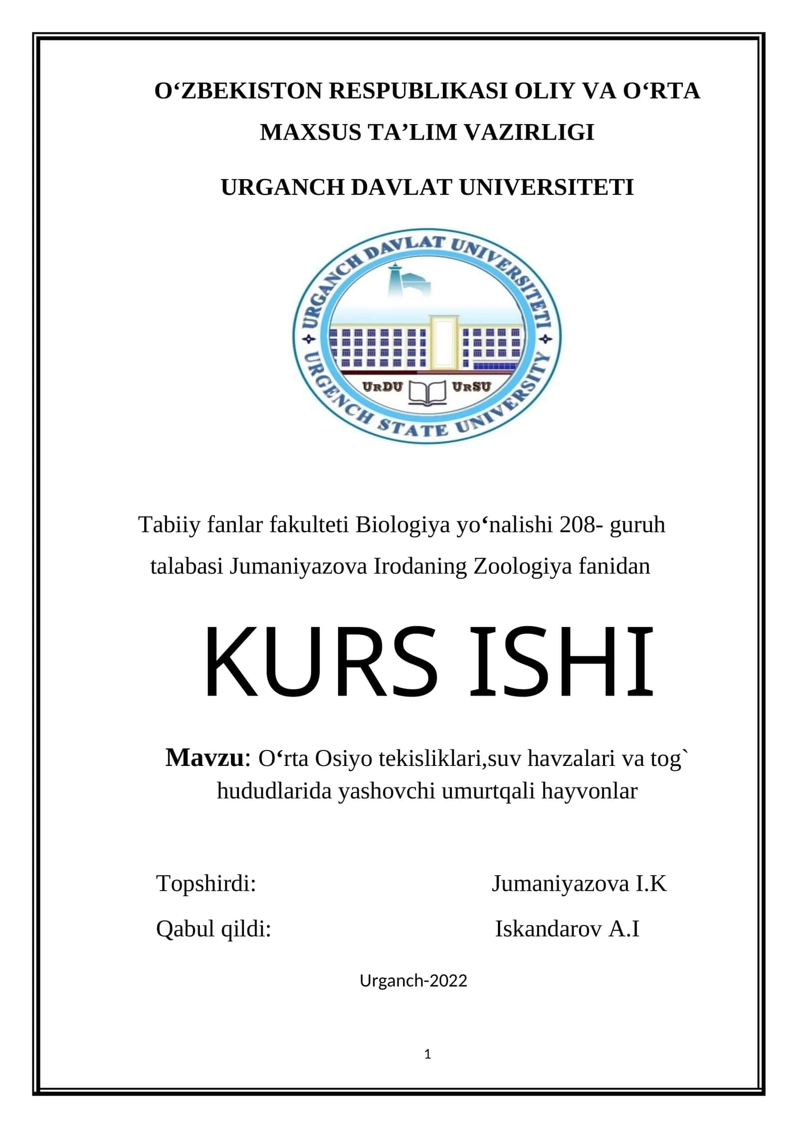 O‘rta Osiyo tekisliklari, suv havzalari va tog` hududlarida yashovchi umurtqali hayvonlar 1