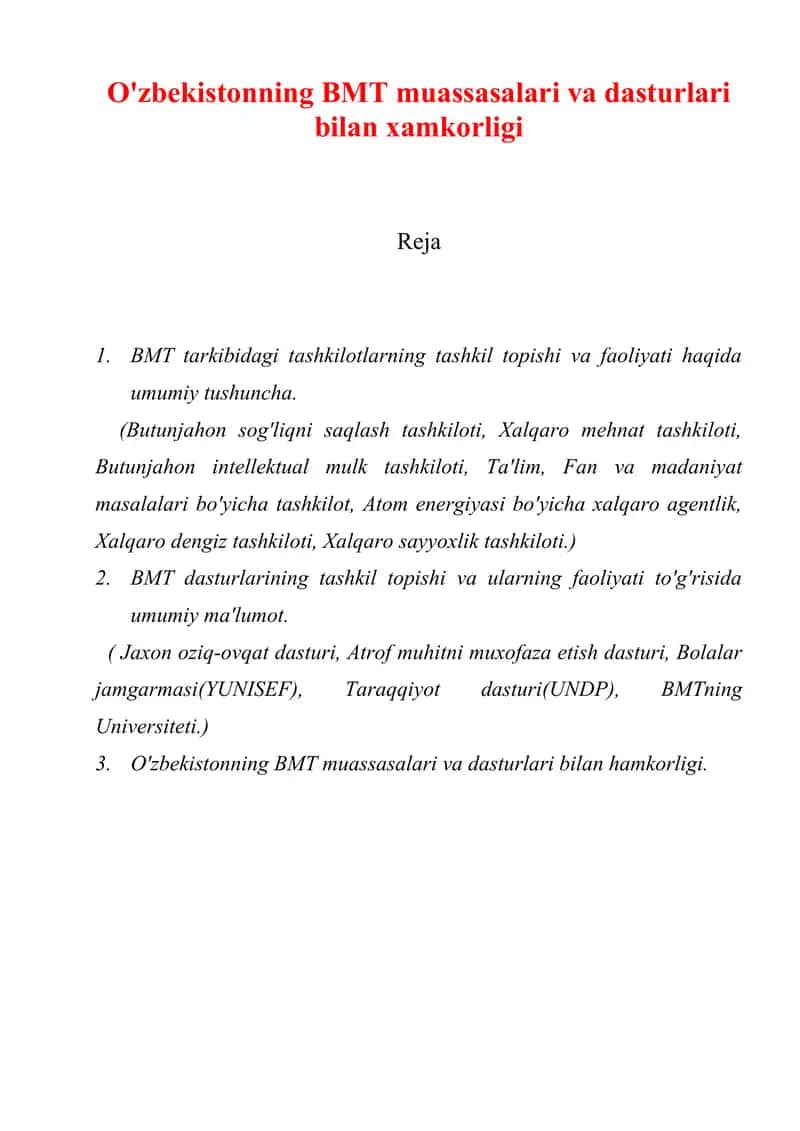 O'zbekistonning BMT muassasalari va dasturlari bilan xamkorligi 1
