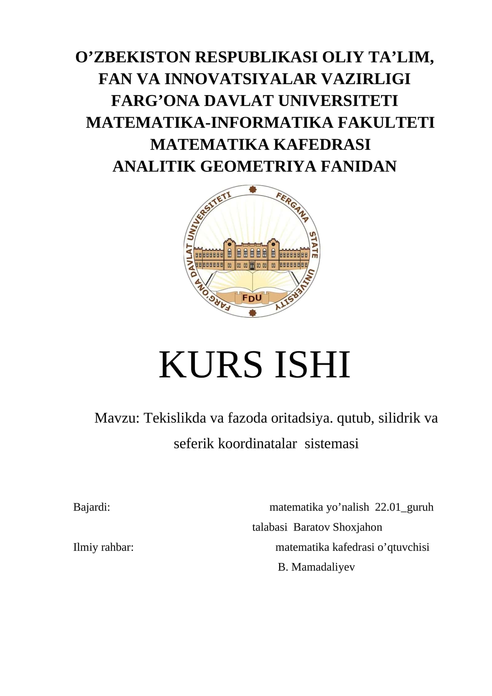 Tekislikda va fazoda oritadsiya. qutub, silidrik va seferik koordinatalar sistemasi 1
