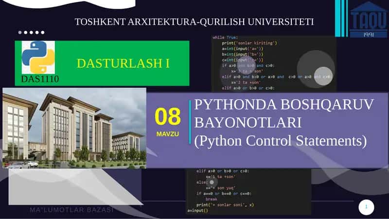PYTHONDA BOSHQARUV BAYONOTLARI(Python Control Statements) 1